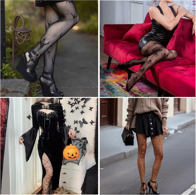 MANZI Patterned Fishnet Tights for Women 3 Pairs Pattern Fishnet Stockings Spiderweb Halloween Tights - Image 4